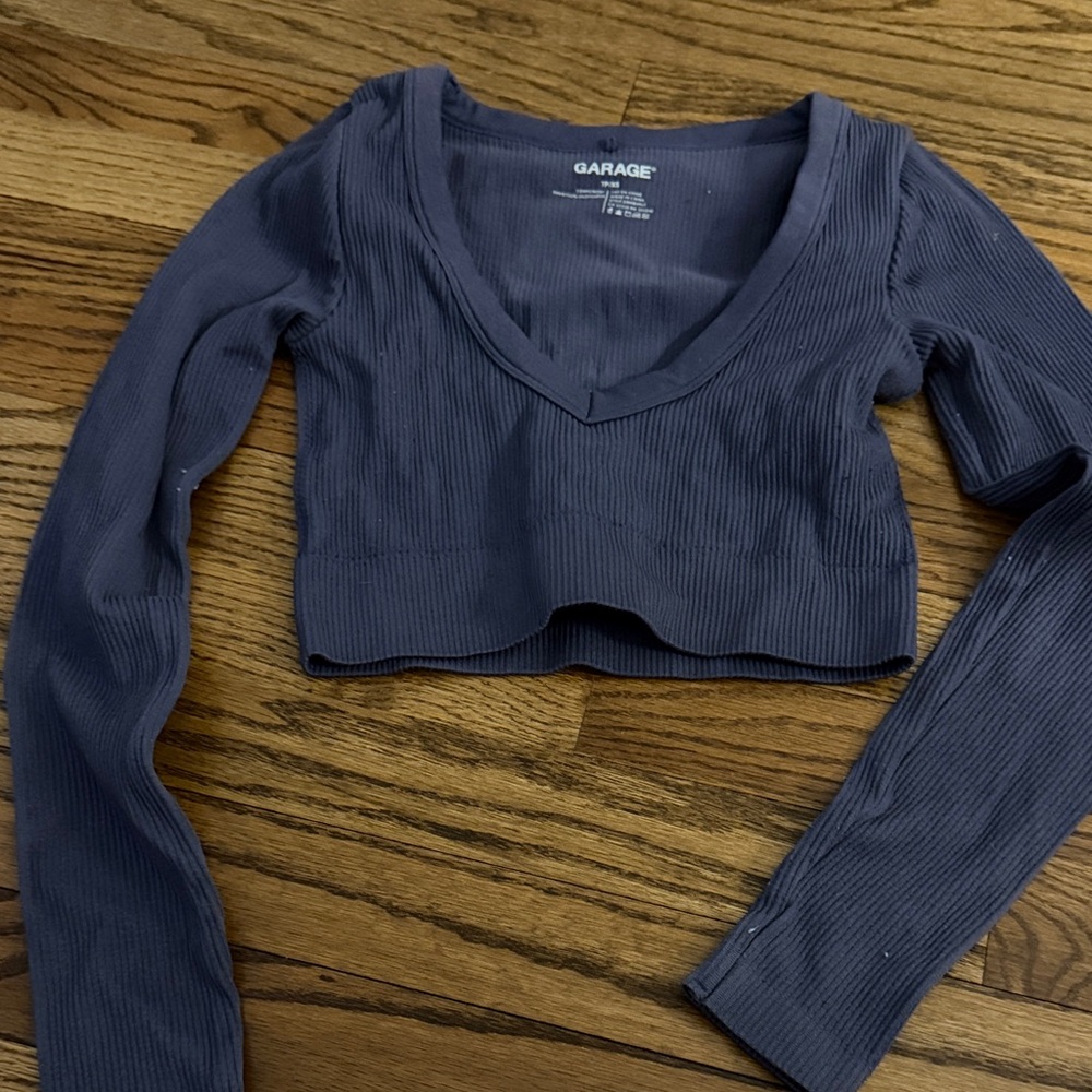 Garage Women's Navy Ribbed V-Neck Crop Top